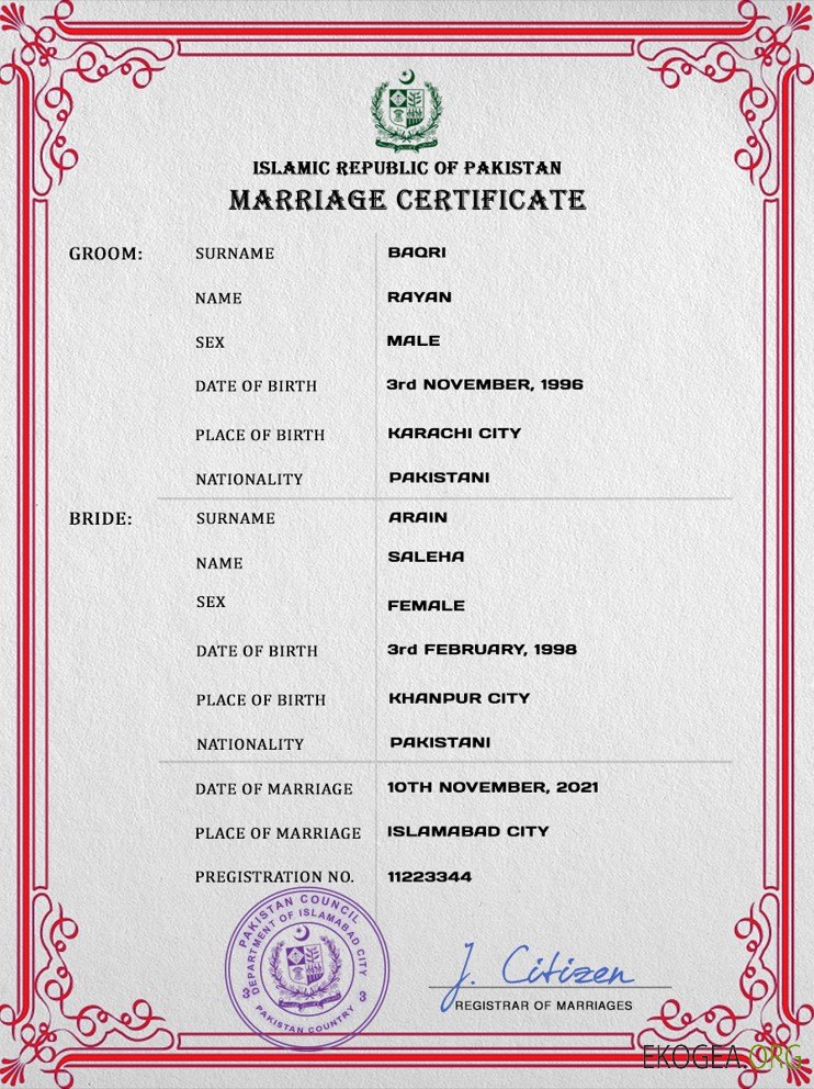 Modèle PSD de certificat de mariage au Pakistan